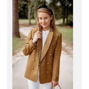 NWT J. Crew Double Breast Blazer Gold Tan English Moon Wool Herringbone Sz 2